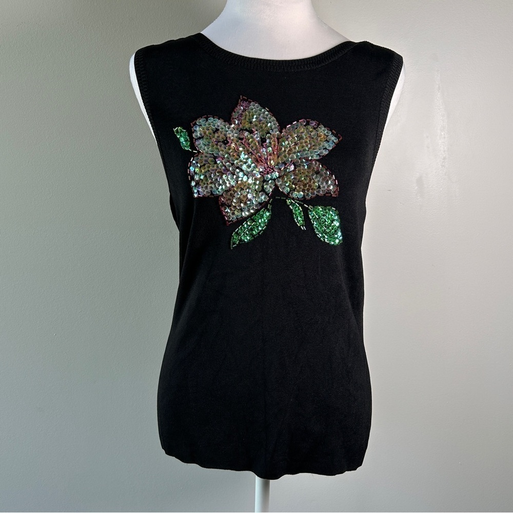 Nomi women’s Medium Black Tank Top Sequin Floral knit layering *READ